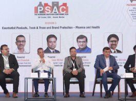 The Counterfeit Products, Track & Trace and Brand Protection Pharma and Health session at the PSAC Conference in Mumbai on 9 October 2026. L to R: Forensic expert Dr Keshav Kumar, Dr Amarnath Sugumaran of Cipla, Sharad Chandok of Glenmark Pharmaceuticals, Bhupesh Kumar Mittal of Bayer Consumer Health, Tejas Tanna of Printmann Group, Ravi Vijaykumar Shinde of Avery Dennison India, and Bhrigav Jain of Monarch Graphics Photo PSA