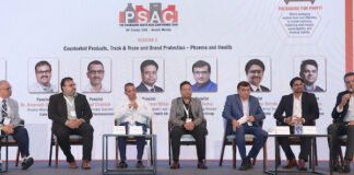 The Counterfeit Products, Track & Trace and Brand Protection Pharma and Health session at the PSAC Conference in Mumbai on 9 October 2026. L to R: Forensic expert Dr Keshav Kumar, Dr Amarnath Sugumaran of Cipla, Sharad Chandok of Glenmark Pharmaceuticals, Bhupesh Kumar Mittal of Bayer Consumer Health, Tejas Tanna of Printmann Group, Ravi Vijaykumar Shinde of Avery Dennison India, and Bhrigav Jain of Monarch Graphics Photo PSA
