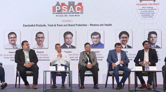 The Counterfeit Products, Track & Trace and Brand Protection Pharma and Health session at the PSAC Conference in Mumbai on 9 October 2026. L to R: Forensic expert Dr Keshav Kumar, Dr Amarnath Sugumaran of Cipla, Sharad Chandok of Glenmark Pharmaceuticals, Bhupesh Kumar Mittal of Bayer Consumer Health, Tejas Tanna of Printmann Group, Ravi Vijaykumar Shinde of Avery Dennison India, and Bhrigav Jain of Monarch Graphics Photo PSA